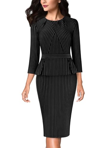 Image of VFSHOW Womens Pleated Crew Neck Peplum Slim Work Business Dress Elegant 3 /4 Sleeves Office Church Bodycon Pencil Sheath Dress