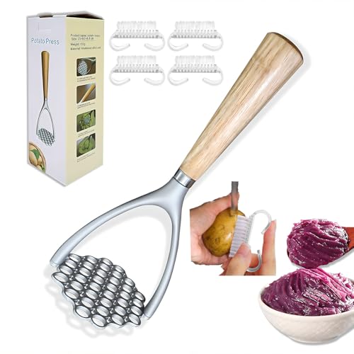 Triturador de patatas resistente, triturador de patatas de mano de aleación de aluminio, herramienta de cocina/triturador de alimentos con mango de madera antideslizante, perfecto para puré de