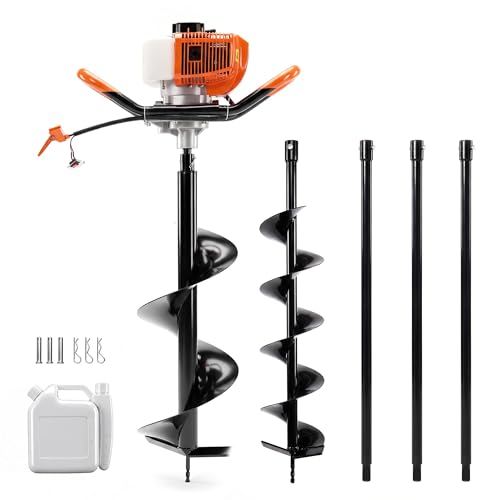 Garvee Tarière thermique 52cc 2 temps – Kit outils jardinage manuel – 2 mèches (15 cm & 25 cm) + 3 rallonges – Profondeur max 3,2 m – Cadre acier anti-vibration – Idéale clôtures, terrasse, plantation