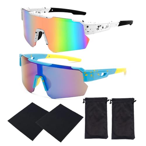 Dhqkqg 2 gafas de ciclismo polarizadas con protección UV400 para hombres y mujeres, gafas de sol deportivas con 2 bolsas para gafas y paño para gafas, gafas de sol de esquí para esquí, pesca, béisbol