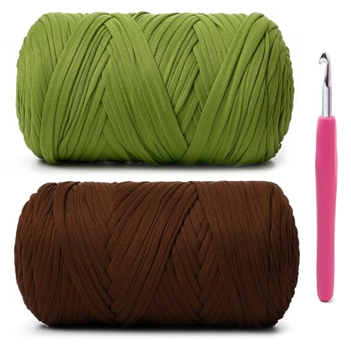 Image of 2 Pack Soft Tshirt Crochet Yarn, 800g /228yds High Elastic Hand Knitting Yarns, Thick T Shirt Yarn for Crocheting Bags, Baskets, Cushions, DIY Crafts(Lime Green + Coffee