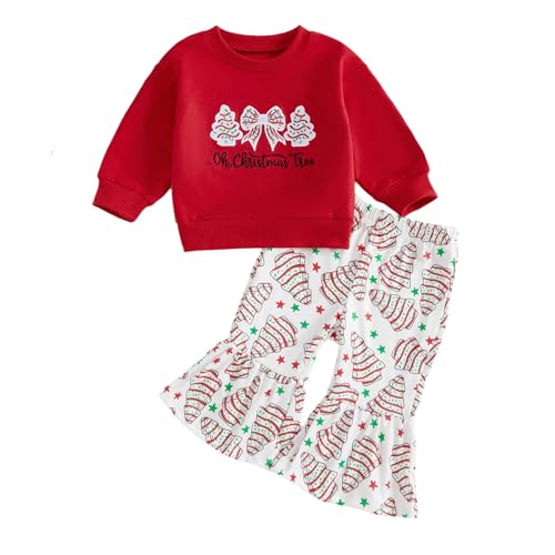 Toddler Baby Girl Christmas Outfit Christmas Tree Cake Bow Sweatshirt Flared Pants Set Little Kids Bell Bottoms