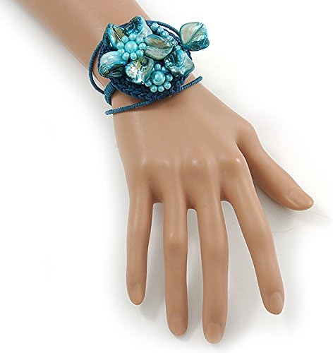 Avalaya Light Blue Shell Bead Flower Wired Flex Bracelet - Adjustable, teal, light blue - Image 4