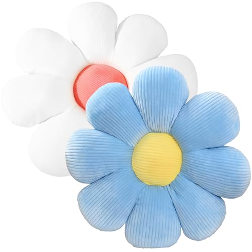 Pmueuff Blumenkissen, 2 St&uuml;ck Blumenbodenkissen Sitzkissen, 38cm Blumenboden Kissen Tatami Blumenf&ouml;rmiges, Niedliches Sitzkissen Blumen Kissen f&uuml;r Car Home Sofa Chair (Blau+Wei&szlig;)