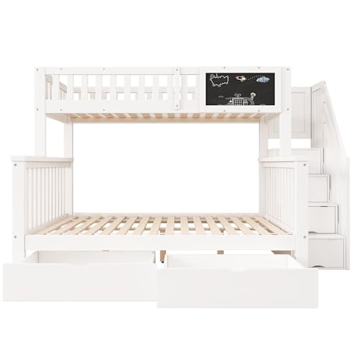 FEZTOY Etagenbett mit 2 Schubladen Kinder Bett mit Treppe, Hochglanz Kinderbetten Funktionsbett Etagenbett Stockbett Kinderhochbett Jugendhochbett, weiß fur 3 Kinder