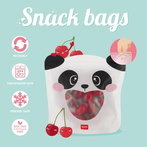 Legami - Set mit 3 Lebensmittelbeuteln, 3 verschiedene Größen S, M, L, wiederverschließbare Beutel, wiederverwendbar, spülmaschinenfest, praktische Snack-Taschen, Panda