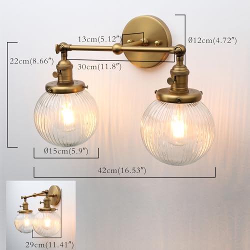 Image of PERMO 2 Lights Sconce with Switch Industrial Gold Wall Sconce Lighting with Ribbed Globe Lampshade Vintage Double Wall Sconce Bathroom Sconce, Hardwired, E26 Base