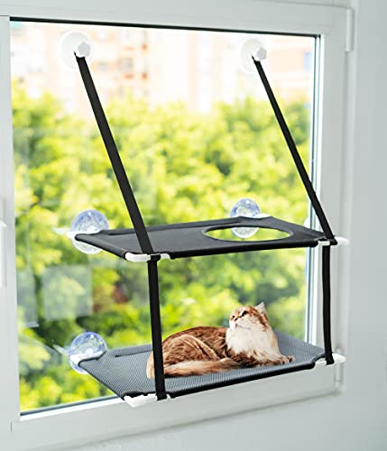 Cama para gatos ventana- Hamaca gato ventana de doble pisos con agujero en el piso de arriba para que sea más dinámico y divertido para tu mascota-Gato cama ventana funcional- Cama colgante hasta 15kg