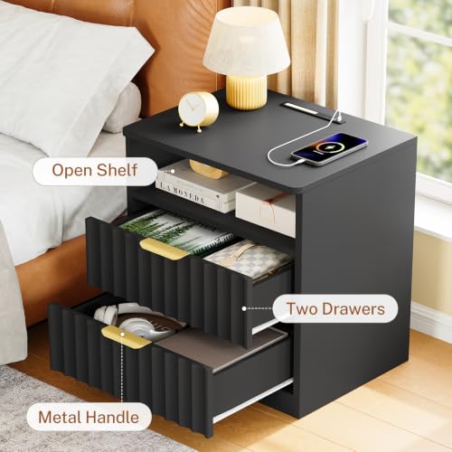 Image of TEENFON Fluted Nightstands Set of 2, Night Stand with Charging Station and LED Light, Nightstand with Storage Drawer and Open Shelf, Bedside Table for Small Space, Bedroom, Black