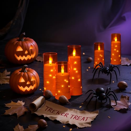 Image of Raycare Flameless Candle with Remote Timer - 5 Flickering Acrylic Battery Operated LED Pillar Candles with Embedded Star String for Halloween, Home Decor, and as a Gift(Orange)