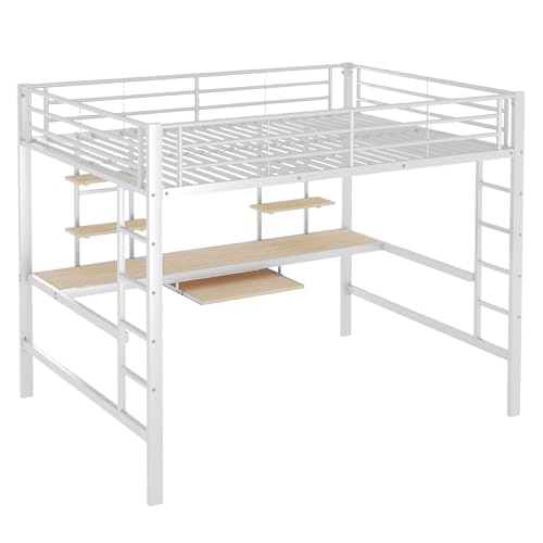 Azkoeesy Letto a soppalco matrimoniale con scrivania e 4 ripiani,