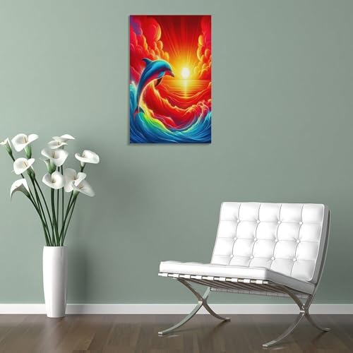 Impression sur toile dauphin au coucher de soleil pour décoration murale de maison 40x60cm