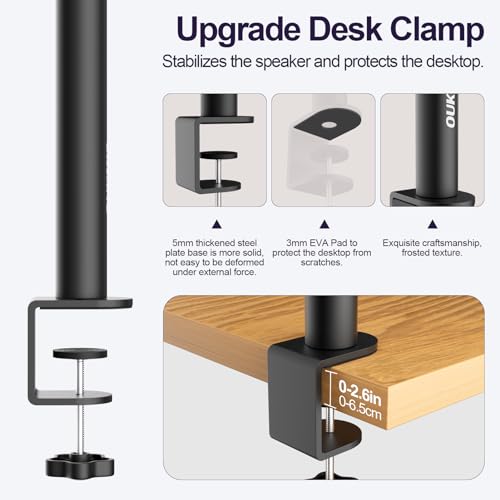 OUKMIC Clamp On Desktop Speaker Stand Holder Pair, Heavy Duty Audio Studio Monitor Stands Riser Tilt Height Adjustable, Universal Desk Mount Shelf Tray for Subwoofer Surround Sound Bookshelf Laptop - Thumbnail 6