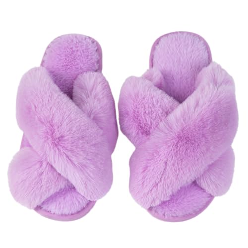 Image of Enteer Women's Slipper Memory Foam Cross Band Fuzzy Slippers Open Toe Cozy House Slippers Cozy Plush Bedroom Indoor Outdoor