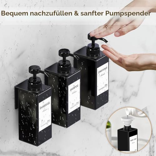 Anhow 3er PETG Seifenspender Wandbefestigung, 500ml Seifenspender Set Wand Ohne Bohren Kunststoff Spülmittelspender mit 16pcs Wasserdichten Etiketten für Küche/Badezimmer - Schwarz