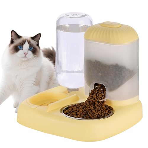 JoviQ Automatic Cat Feeder Water Dispenser with Stainless Steel Bowl, 2 in 1 Gravity Cat Feeder Large Capacity Dispenser for Pet Dogs Puppy Kitten (Yellow)