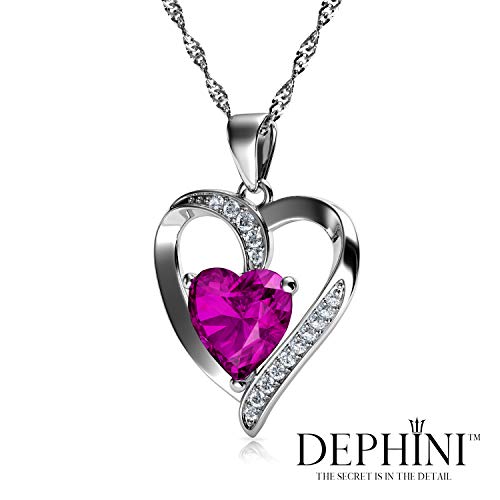 Dephini - Pink Heart Necklace - 925 Silver Heart Pendant With White Cz & Pink Birthstone Embellished With Branded Crystal For Women, 18" Sterling Silver Chain + Jewellery Box, Gifts For Women #TOP3