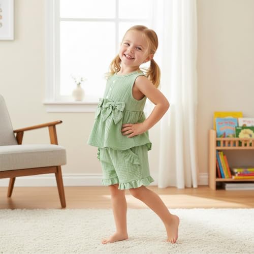 Image of Toddler Girl Clothes Sleeveless Top Shorts 2Pc Summer Outfit 12M-5T | 100% Cotton, Soft breathable, Double crepe fabric, Adorable bow ruffle pocket design, Perfect for daily wear, birthday, party