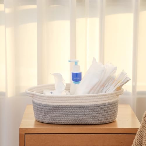Image of 2 Pack Small Woven Storage Basket with Handles 12 inchx8 inchx5 inch, Decorative Rope Bin for Home Organization, Shelf Storage,Cotton Rope Room Shelf Storage Basket with Handles