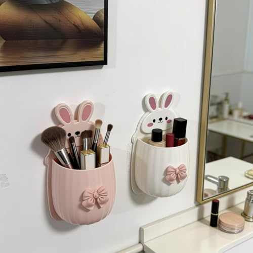 Image of Cute Rabbit Wall Mounted Toothbrush Holder | Self-Adhesive Bathroom Organizer for Toothbrush Toothpaste Comb & Cosmetics | Cartoon Bunny Storage Pocket for Kids Bathroom Accessories (Pack of 2)