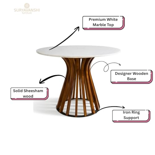 Image of 4-Seater Round Dining Table Set, White Quartz Marble Top Dining Table with Solid Wood Base, Contemporary Dining Room Table Set with Chairs