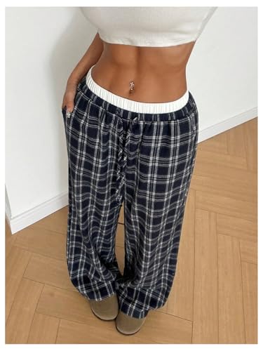 RoseSeek Calça feminina xadrez de perna larga com cintura elástica e bolsos, Cinza, 10 Anos