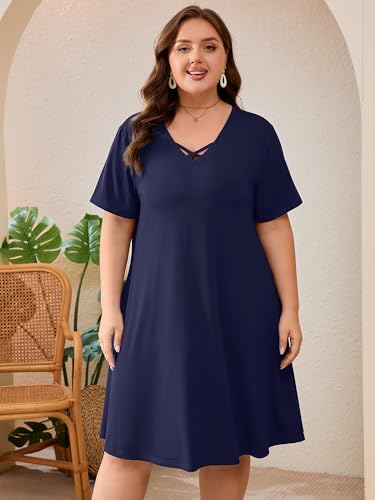 Image of AusLook Plus Size Midi Dress for Women Short Sleeve V Neck Criss Cross A Line Summer Casual Vacation Sundresses with Pockets