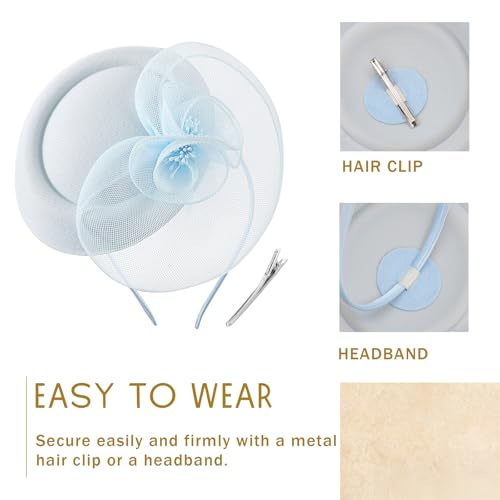 Image of DRESHOW Fascinator Hats for Women Cocktail Tea Party Hat Netted Pillbox Hat Vintage Derby Hats for Bridal Wedding