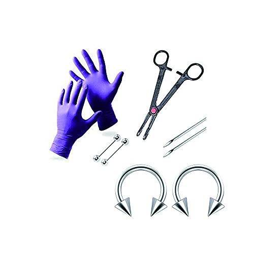 BodyJewelryOnline Nipple Piercing Kit with 2 Nipple Rings Spikes Picked Gloves, Needles, Tool, & Barbells