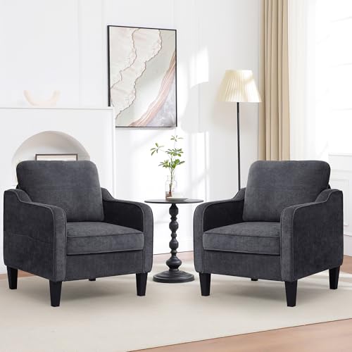 choairy Accent Chairs Set of 2, Upholstered Living Room Chairs with Side Pockets, Mid Century Modern Reading Chair for Bedroom, Comfy Armchair Single Sofa Side Chair for Office, Small Room, Dark Grey