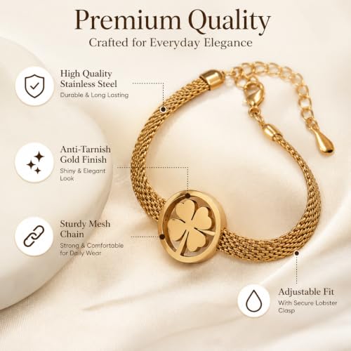 Image of Gold Tone Four Leaf Clover Charm Bracelet for Women | Adjustable Mesh Chain Wrist Bracelet | Bracelet for Girls & Women | Lucky Clover Design Jewelry Gift