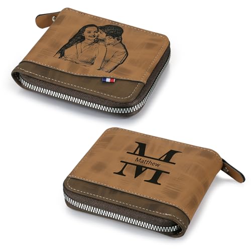 Personalized Mens Wallet with Custom Photo and Engraved Name Slim Leather Bifold Wallet for Men Customized Gifts for Dad Men (Coffee)