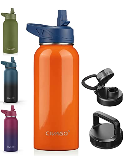 Civago 32 Oz Insulated Water Bottle With Straw, Stainless Steel Sports Water Cup Flask With 3 Lids (Straw, Spout And Handle Lid), Wide Mouth Travel Thermo Mug, Orange #TOP27