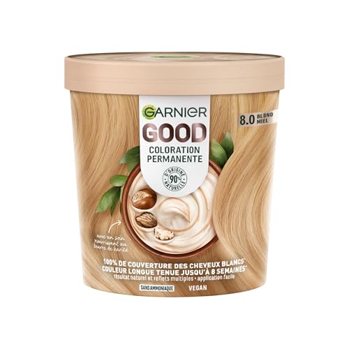 Garnier - Tinte permanente para el cabello – Sin amoniaco – 90% ingredientes de origen natural – Manteca de karité – 100% cobertura para cabello blanco – Good Miel rubio 8.0
