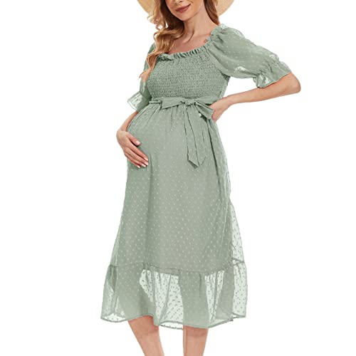 Square Neck Swiss Dot Puff Sleeve Maternity Dress For Photoshoot Baby Shower Casual Smocked Ruffle Hem Boho Flowy Midi Dress Large #TOP26