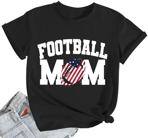 QDL Football Mom Shirt for Women - Game Day American Flag Tee Football Season Fan Short Sleeve