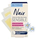 Nair Tiras de Cera Fría Facial Sensible 36 piezas. Marca Probada por Dermatólogos con Extracto de Manzanilla, Piel Suave...