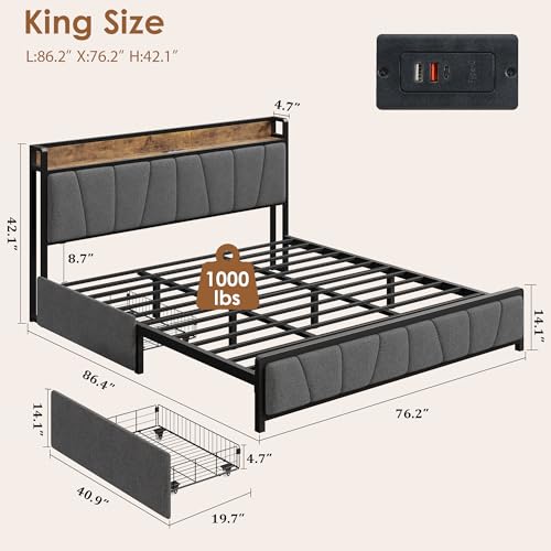 Image of King Size Bed Frame with 2 Storage Drawers and Charging Station, Rustic Linen Upholstered Platform Bedframe with Storage Headboard, No Box Spring Needed, Easy Assembly, Noise Free, Grey