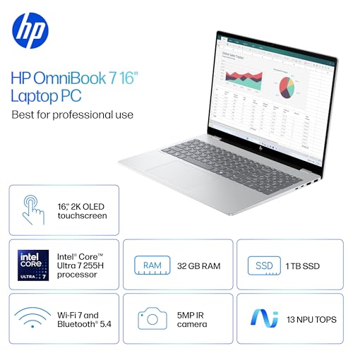 Image of HP OmniBook 7 16 inch OLED Touchscreen Laptop, 2K 120Hz, Intel Evo Core Ultra 7 255H, Intel Arc 140T GPU, Copilot, Backlit Keyboard, Thunderbolt4, Wi-Fi7, Windows 11 (32GB DDR5 RAM | 1TB SSD | Win11 Home)