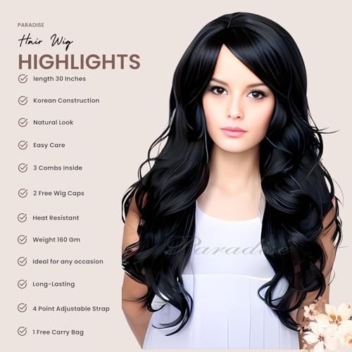 Image of ParadiseHair Wig For Women Full Head Curly Synthetic Womens Wig Long Hair Wig For Women Wigs Natural Hair FREE 2 WIG CAP +CARRY POUCH (Curly Black)