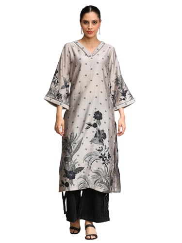Varanga Bold Placement Floral Printed V Neck Kurta Grey