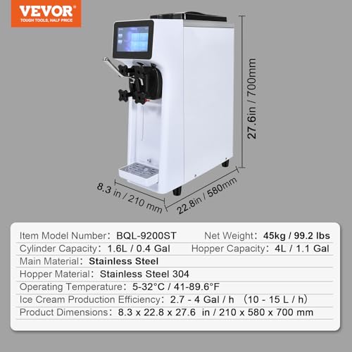 Image of VEVOR Commercial Ice Cream Machine, 1000W Single Flavor Soft Serve Ice Cream Maker, 10.6 QT /H Yield, 4L Hopper & 1.6L Cylinder, Touch Screen, Auto Clean & Pre-Cooling, Countertop Restaurant Snack Bar