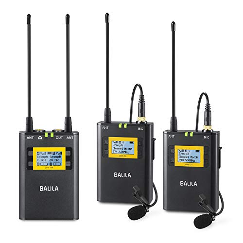 BALILA UHF 100-channel Wireless Lavalier Microphone System for DSLR Mirrorless Camera Camcorder Smartphone-Professional Wireless Lapel Microphone System for Interview YouTube Video Recording ENG EFP.