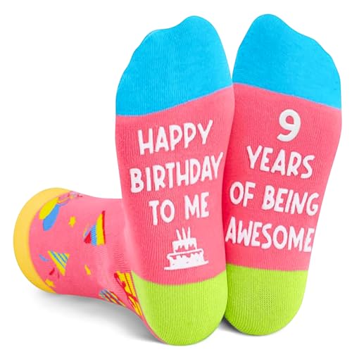 Jognee Socks for Girls, 9 Year Old Birthday Gifts for Girls, Presents for 9 Year Old Grils (UK, Age, One Size, 9th Happy Birthday to Me Pink)