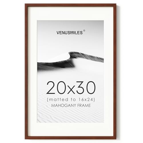 Image of 20x30 Poster Frame, USA-Sourced Natural Mahogany Wood Picture Collage Frame with HD Tempered Glass, Modern Simple 20 x 30 Wooden Photo Frame Matted to 16x24, Vertical & Horizontal Wall Hanging Display