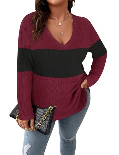 Image of Koscacy Women Plus Size Casual Knit Sweater V Neck Solid Color Tops Lightweight Long Sleeve Blouses