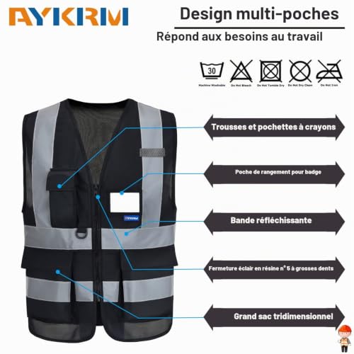 AYKRM 21 Couleurs 7 Poches de Classe 2" Gilet de sécurité Noir Haute visibilité Devant avec des Bandes réfléchissantes, Unisexe – vue 3