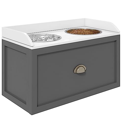 PawHut Feeding Station with Storage Drawer, Food Storage Cabinet with 2 Removable Elevated Bowls for Large Sized Dogs, Gray