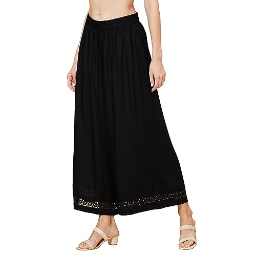 Image of Globus Women Black Solid Ethnic Wide Leg Palazzo with Lace at Hem-3638111001