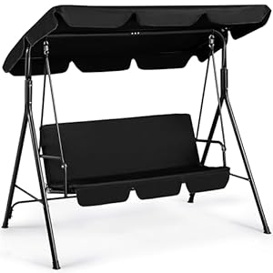 Yaheetech 3-Seat Patio Swing Chair, Outdoor Canopy Swing with Adjustable Canopy & Removable Cushion, Hanging Lounge Chair for Patio, Garden, Yard, Porch – Black